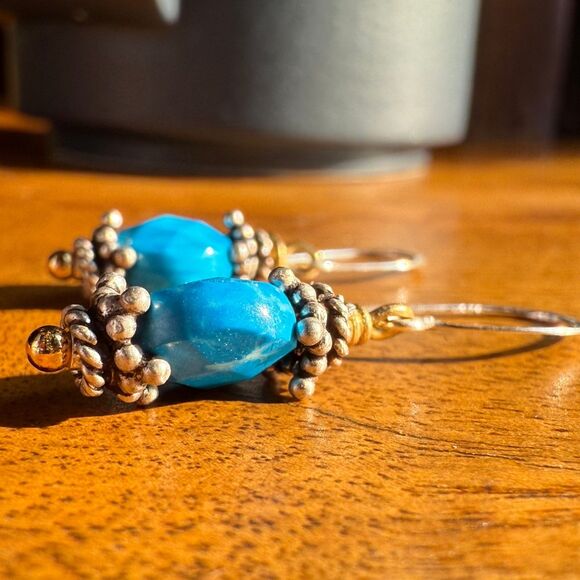 Turquoise Drop Earrings Sterling Silver Ear Hook Hypoallergenic - Picture 3 of 11